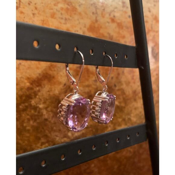 Sterling Silver, Diamond and Amethyst Dangle Earrings - Picture 5 of 6